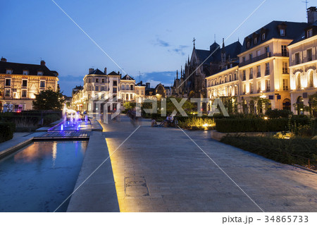 France, Grand Est, Troyes, Illuminated promenade along canal 34865733