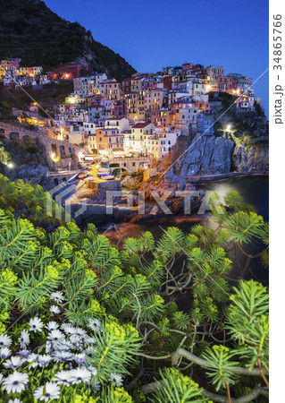 Italy, Liguria, Manarola at dusk with tree branch in foreground 34865766