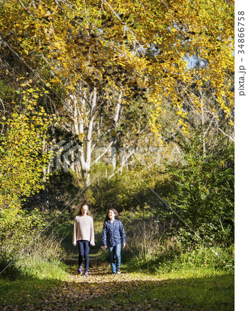 Australia, Queensland, Girls (10-11, 12-13) walking on footpath at autumn Australia, Queensland, Girls (10-11, 12-13) walking on footpath at autumn 34866758