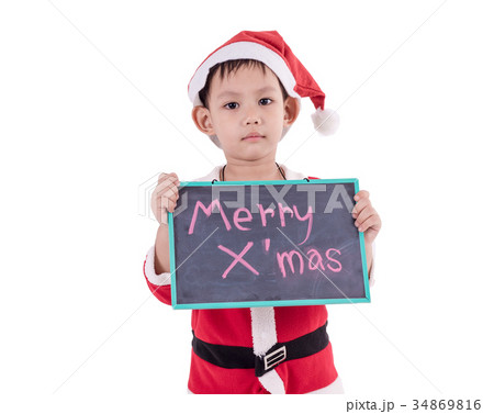 Asian kid dress up as santa claus. In his hand holding the black board . Asian kid dress up as santa claus. In his hand holding the black board . 34869816