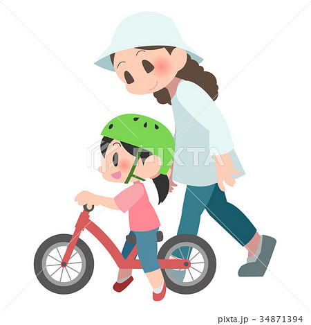 バランスバイクに乗る女の子と見守る母親のイラスト素材