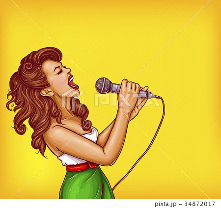 Singing young woman with microphone pop art vector 34872017