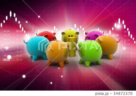 group of piggybanks around with gold coins 34872370