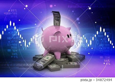 currency falling into a pink piggy bank 34872494