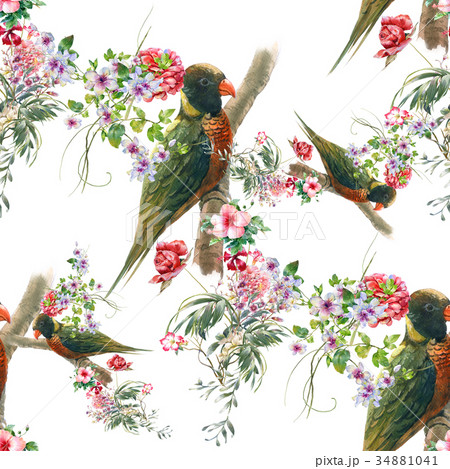 Watercolor painting with birds and flowers pattern Watercolor painting with birds and flowers pattern 34881041