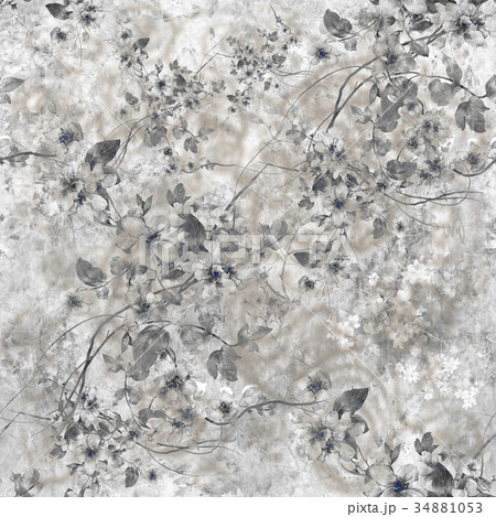 Watercolor painting of leaf and flowers pattern 34881053