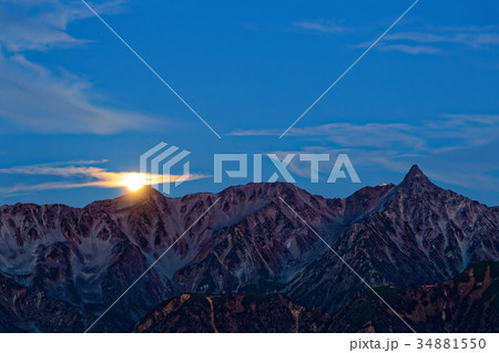 常念岳から見る槍ヶ岳稜線に沈む月 34881550