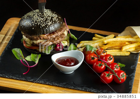 Black double hamburger made from beef, with Black double hamburger made from beef, with 34885851