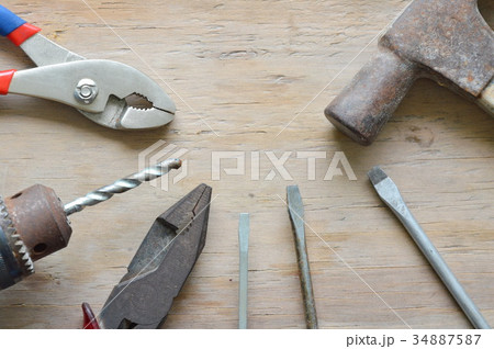 mechanic tool arrange on wooden board mechanic tool arrange on wooden board 34887587