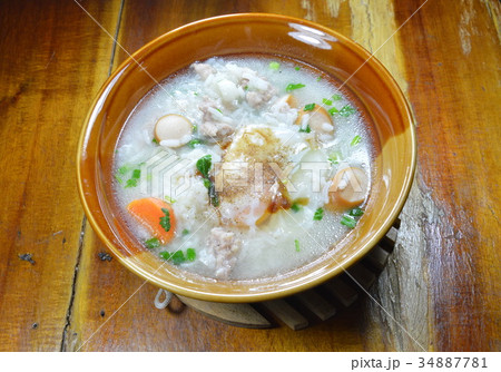 boiled rice with pork sausage topping egg on bowl boiled rice with pork sausage topping egg on bowl 34887781