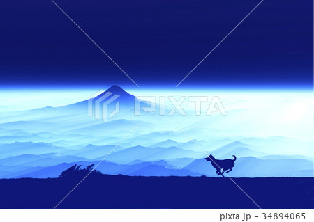 富士山の日の出と走る犬のシルエット 34894065