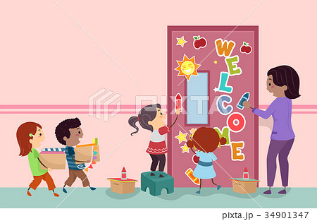 Stickman Kids Decorate Classroom Door Illustration Stickman Kids Decorate Classroom Door Illustration 34901347