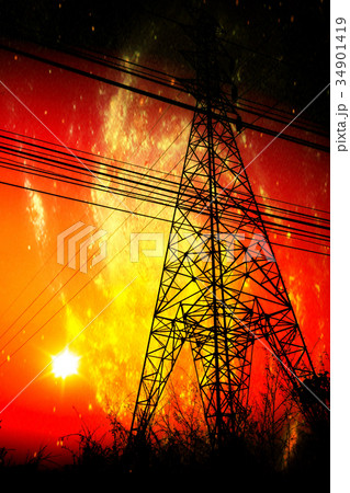 High voltage pole with sunset High voltage pole with sunset 34901419