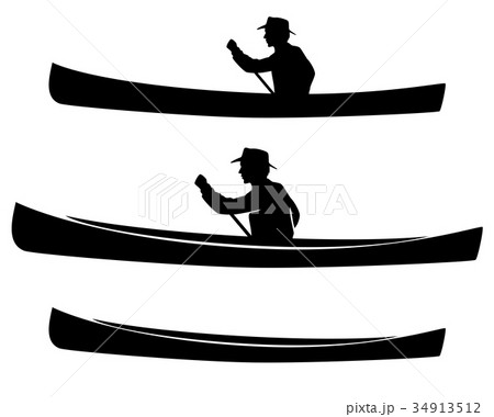 Man In Canoe Boat Black Vector Silhouette Setのイラスト素材