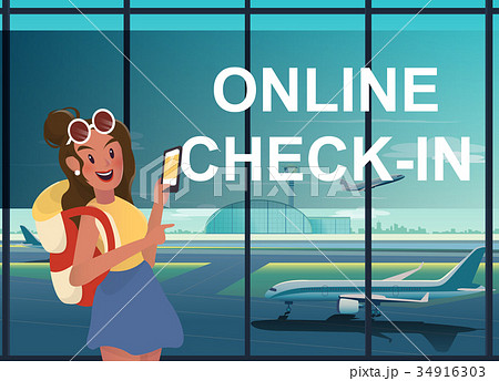 Backpacking woman wwith online check-in at airport 34916303