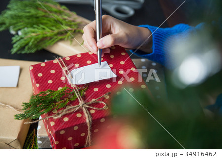 Write Christmas greetings in a card 34916462