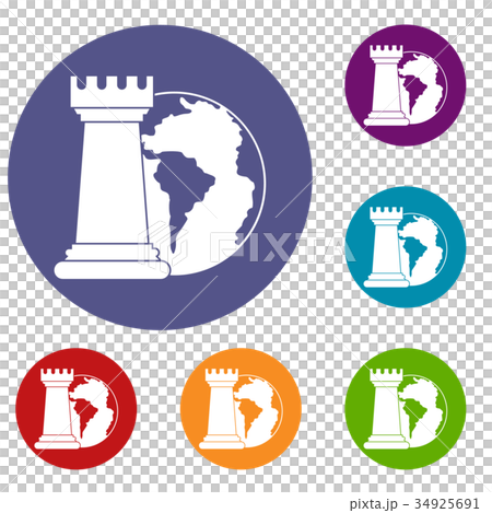 World planet and chess rook icons set 34925691