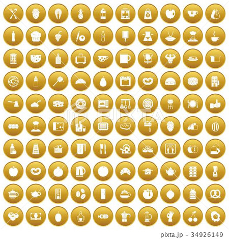 100 breakfast icons set gold 34926149