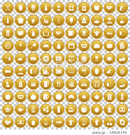 100 breakfast icons set gold 34926149