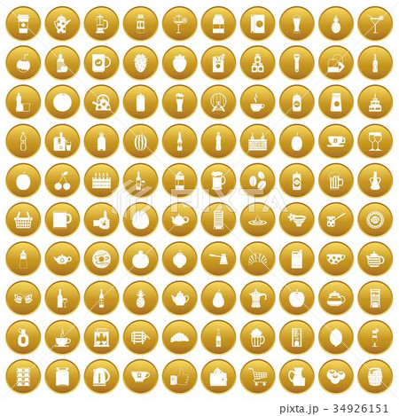 100 beverage icons set gold 34926151
