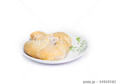 fresh durian ripe meat yellow in plate on white 34926582
