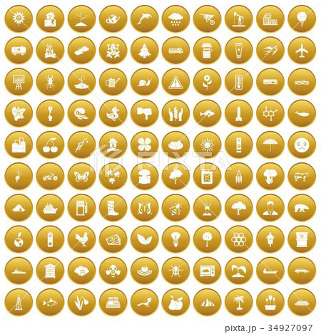 100 global warming icons set gold 34927097