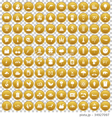 100 global warming icons set gold 34927097