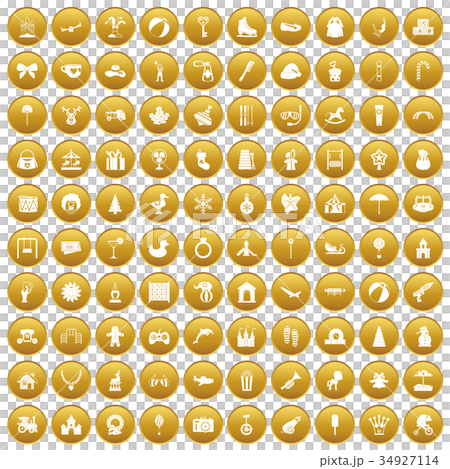 100 happy childhood icons set gold 34927114