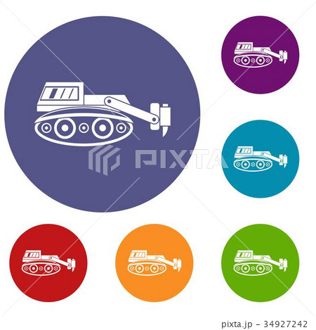 Excavator with hydraulic hammer icons set 34927242