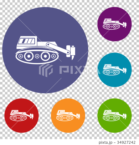 Excavator with hydraulic hammer icons set Excavator with hydraulic hammer icons set 34927242