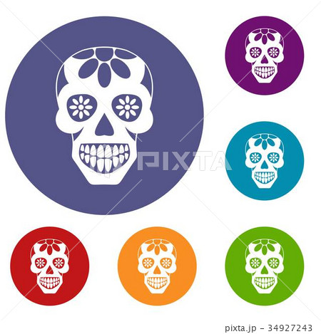 Sugar skull, flowers on the skull icons set 34927243