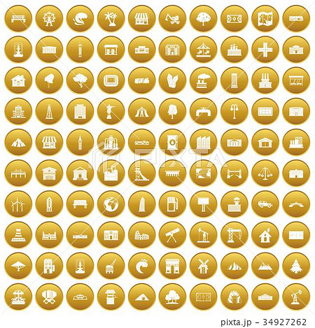100 landscape element icons set gold 34927262