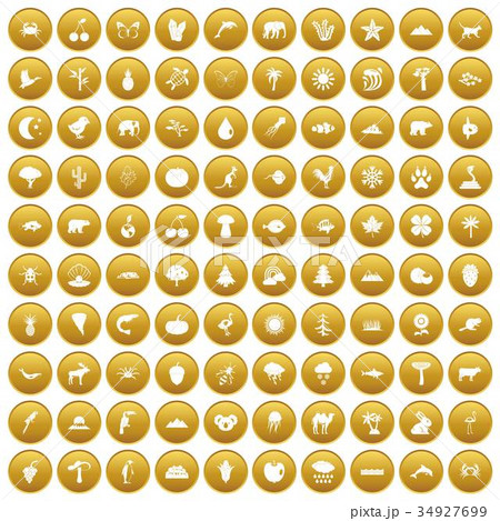 100 nature icons set gold 34927699