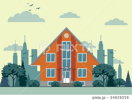 modern cottage house with trees and city 34929359