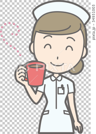 Illustration where a female nurse in a white coat is drinking coffee 34931003