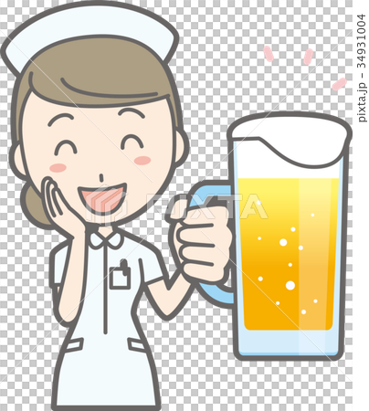 Illustration where a female nurse in a white coat is drinking beer 34931004