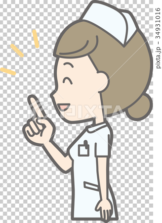 白衣を着た女性看護師が横を向いて指を指しているイラストのイラスト素材