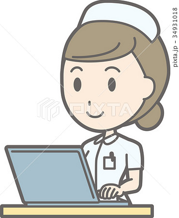 白衣を着た女性看護師がノートパソコンを操作しているイラストのイラスト素材