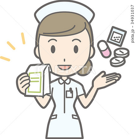 白衣を着た女性看護師が薬を持っているイラストのイラスト素材
