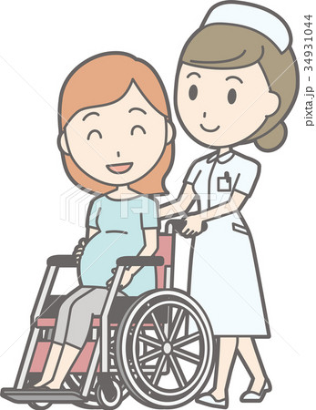 白衣を着た女性看護師が妊婦が乗った車椅子を押しているイラストのイラスト素材