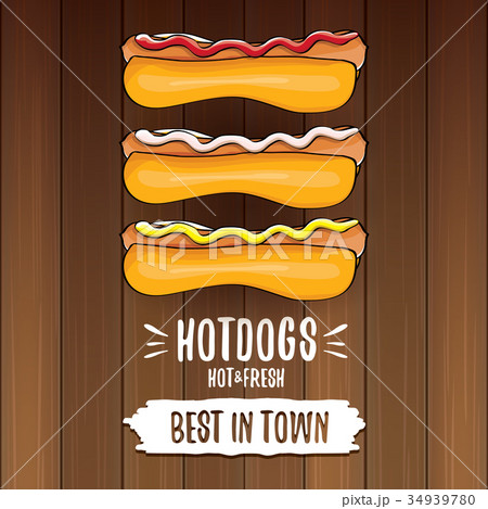 vector cartoon hotdogs label isolated on wooden 34939780