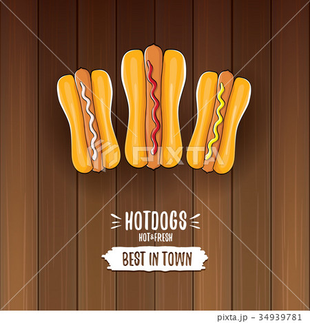 vector cartoon hotdogs label isolated on wooden 34939781
