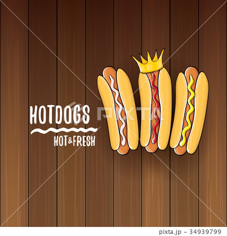 vector cartoon hotdogs label isolated on wooden 34939799