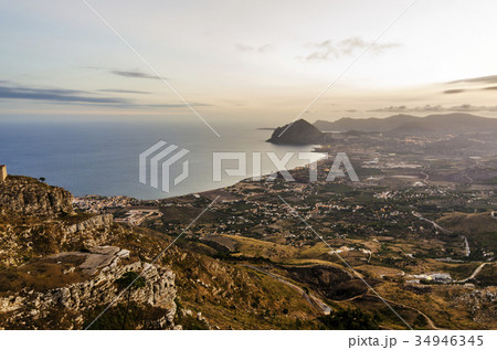 Sicilian coast and cofano mountain seen from erice 34946345