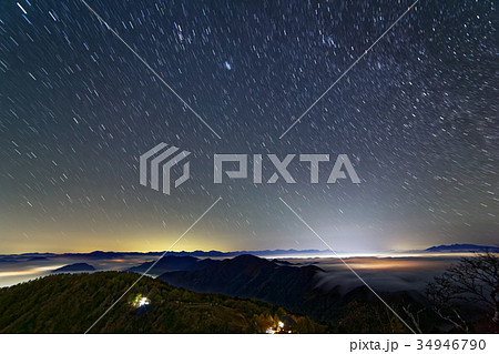 三ツ峠から見る甲府盆地の夜景と星空 34946790