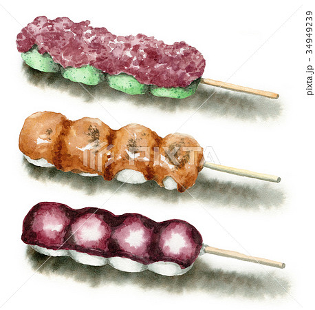 水彩で描いた和菓子 串だんご３種のイラスト素材