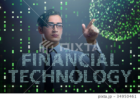 Businessman pressing buttons in fintech concept 34950461