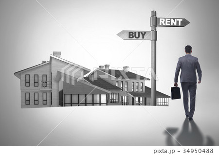 Businessman at crossroads betweem buying and 34950488