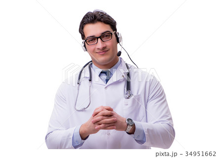 Young doctor with phone headset isolated on white 34951662