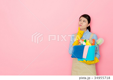 pretty female cleaner worker carrying washing tool pretty female cleaner worker carrying washing tool 34955718